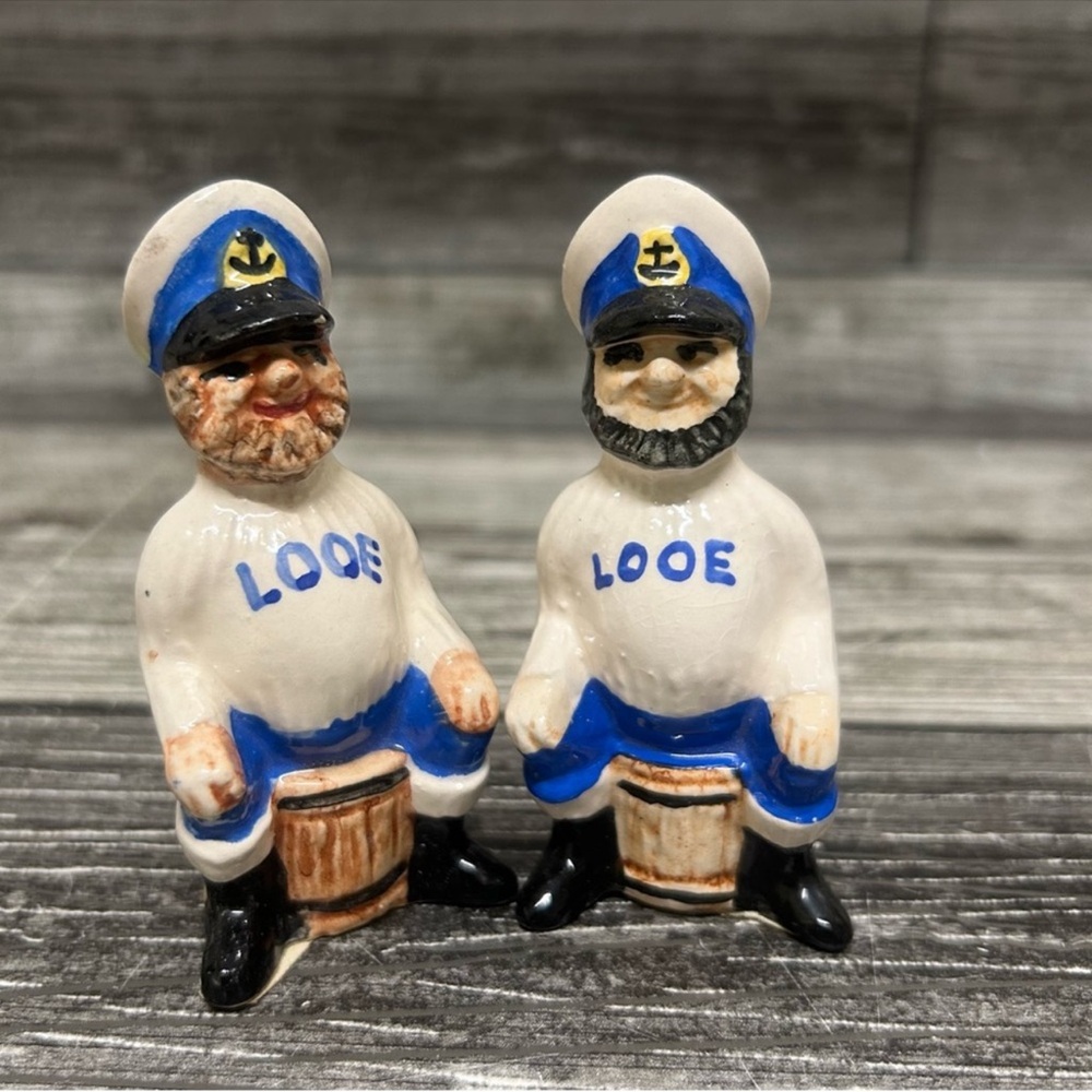 Vintage Salty Sailor Looe on Barrel Salt and Pepper Shakers